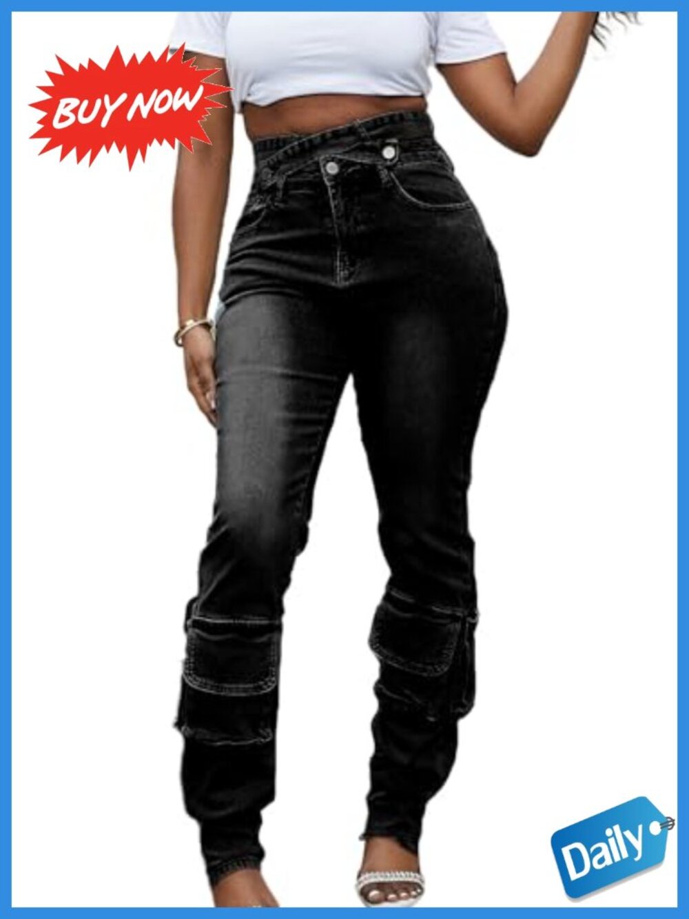 Vaceky Stretch Jeans High Waisted Cutout Waist Cargo Pants